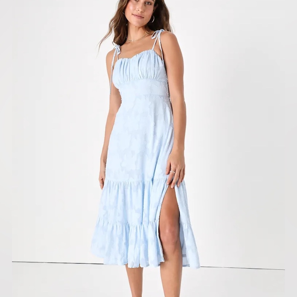 Sweet Sentiments Light Blue Jacquard Tiered Midi Dress